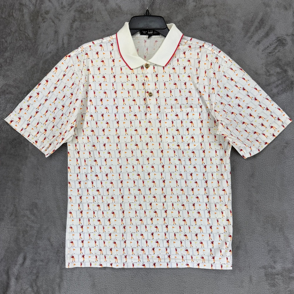 Dunhill Polo Shirt Mens Large White Golfer Print Cotton Made in Italy XY0010Z